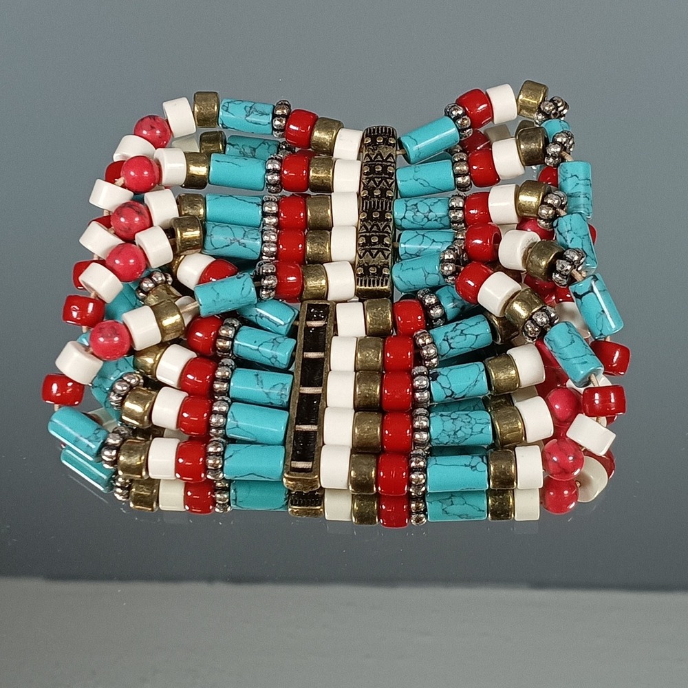 Bohemian Beaded Stretch Bracelet Turquoise Red White Gold Tone Beads